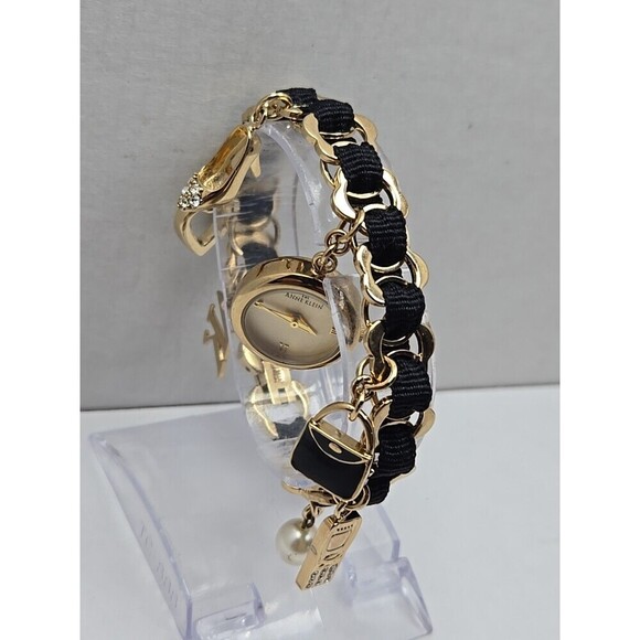 Anne Klein Charm Bracelet Watch Gold Tone Black Chain Purse Charms New Battery - Picture 3 of 9
